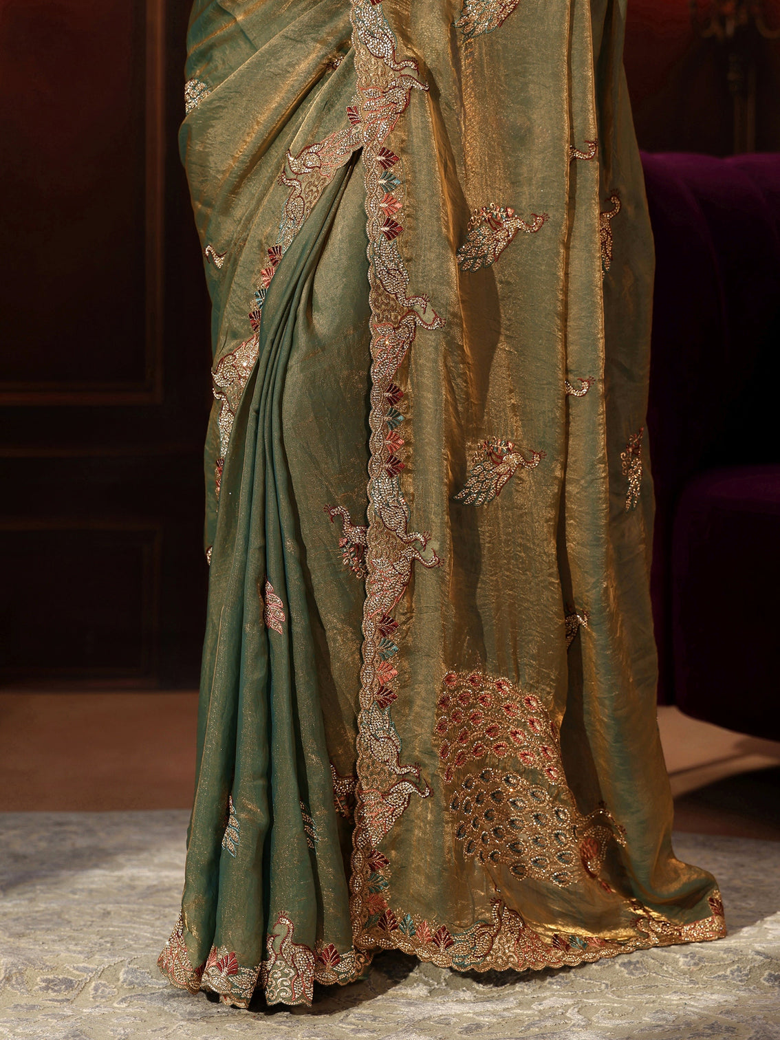 Mameraa Sage Green Peacock Embellished Tissue Saree