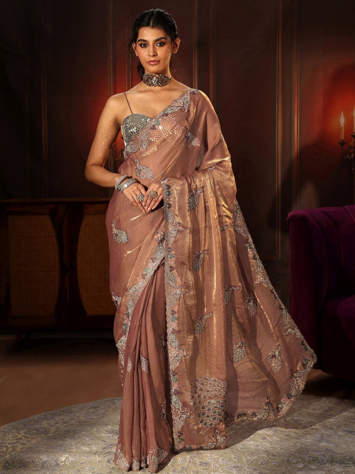 Mameraa Peach Pink Peacock Embellished Tissue Saree