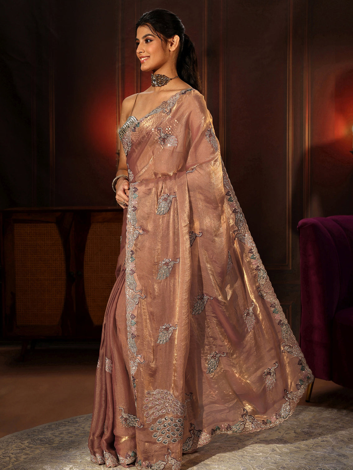 Mameraa Peach Pink Peacock Embellished Tissue Saree