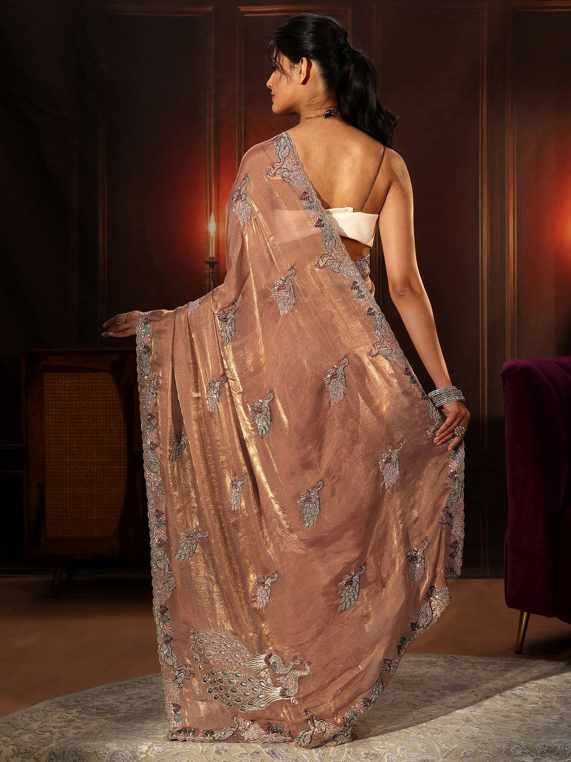 Mameraa Peach Pink Peacock Embellished Tissue Saree