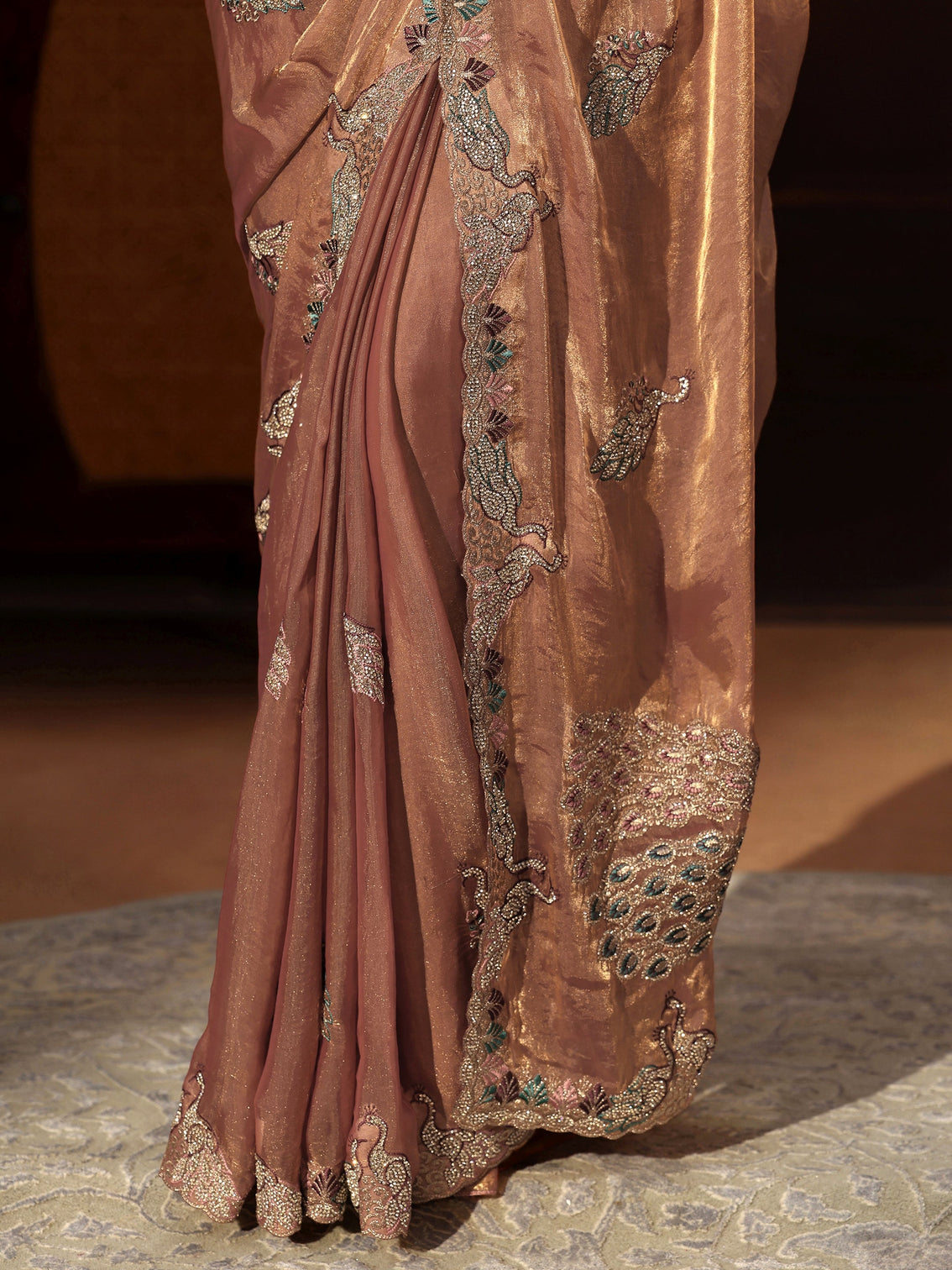 Mameraa Peach Pink Peacock Embellished Tissue Saree