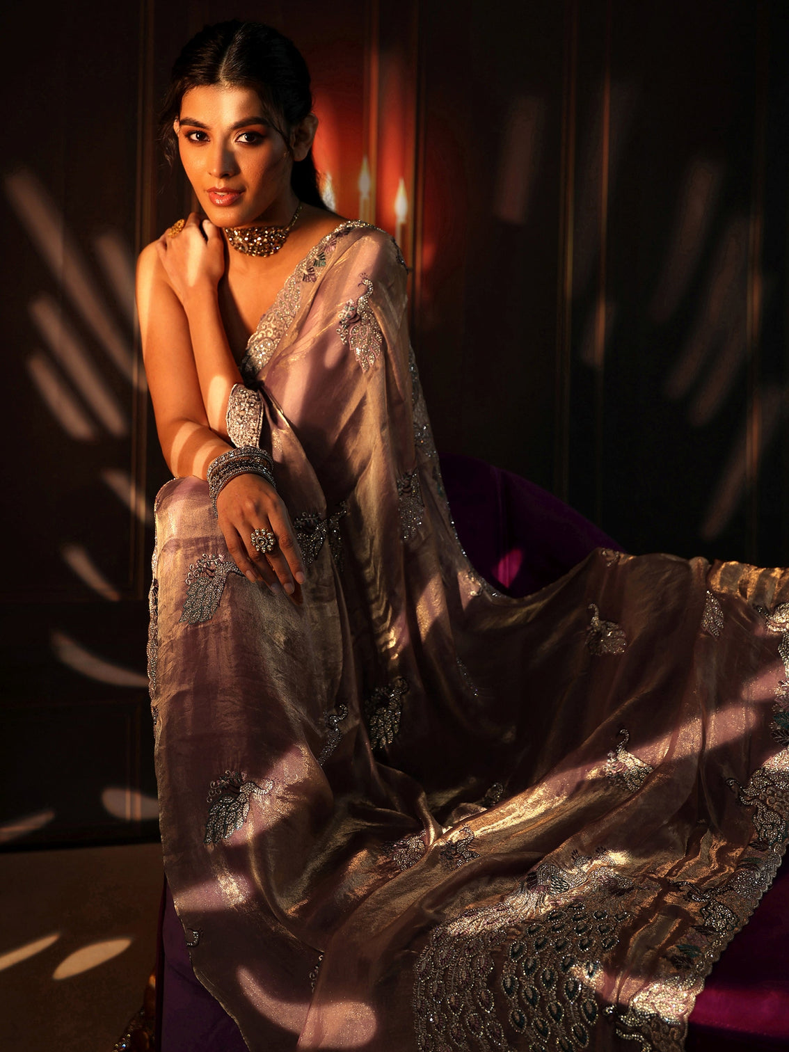 Mameraa Peach Pink Peacock Embellished Tissue Saree