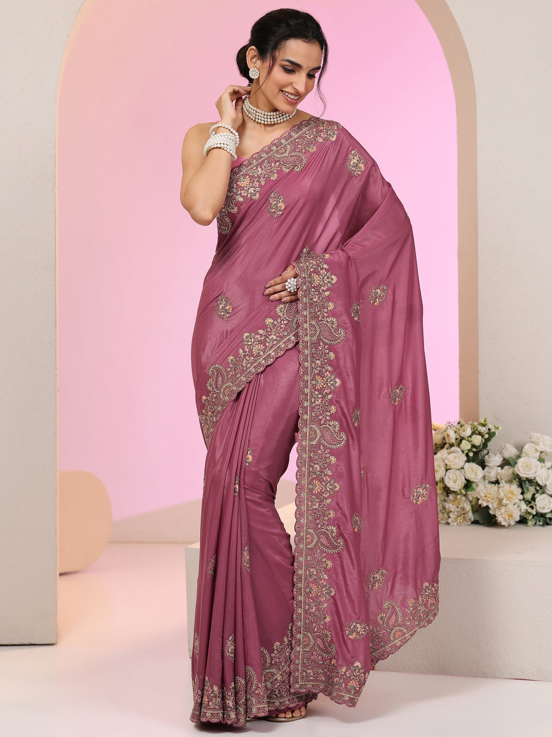 Mameraa Mauve Embroidered Satin Saree