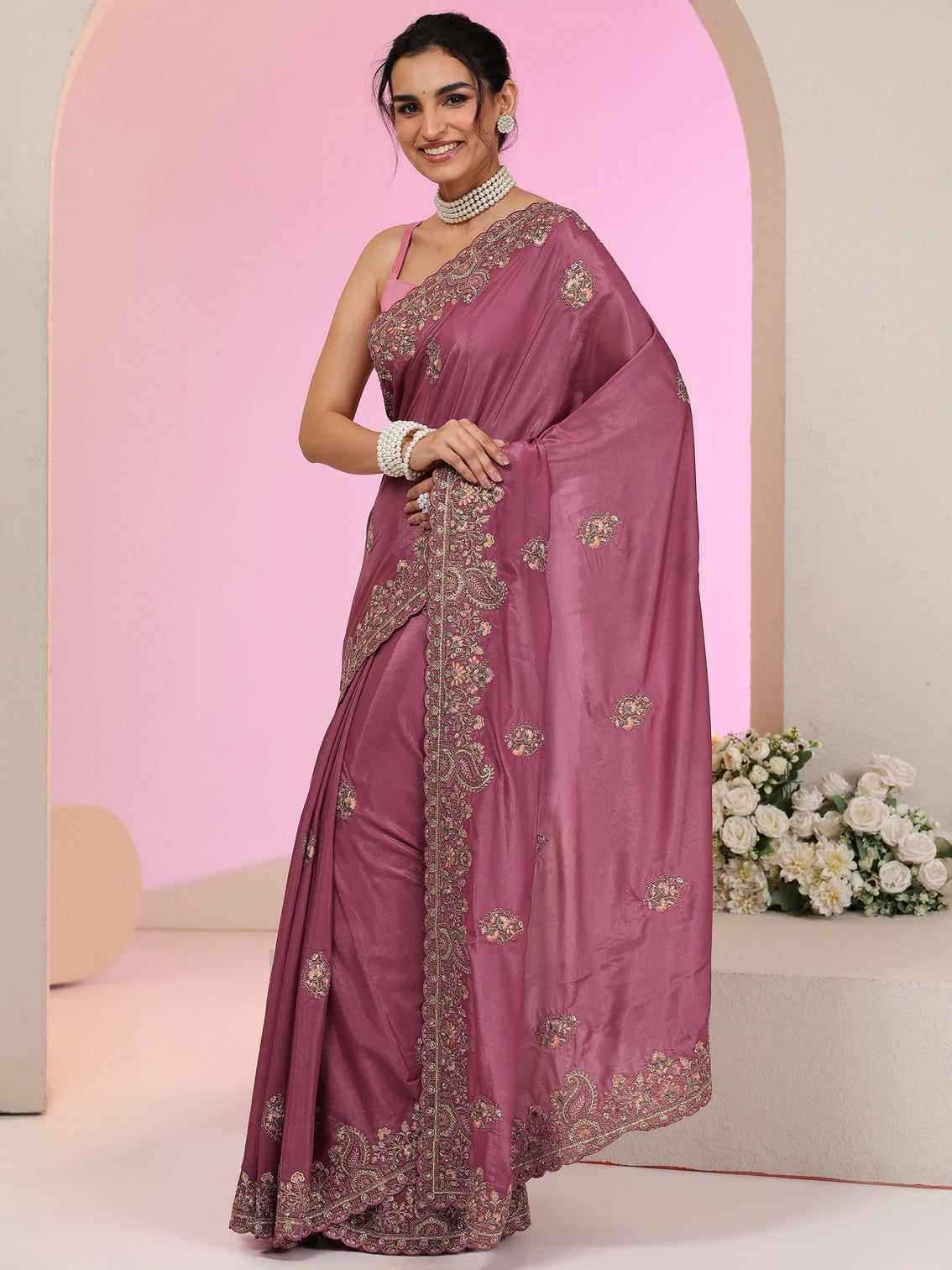 Mameraa Mauve Embroidered Satin Saree