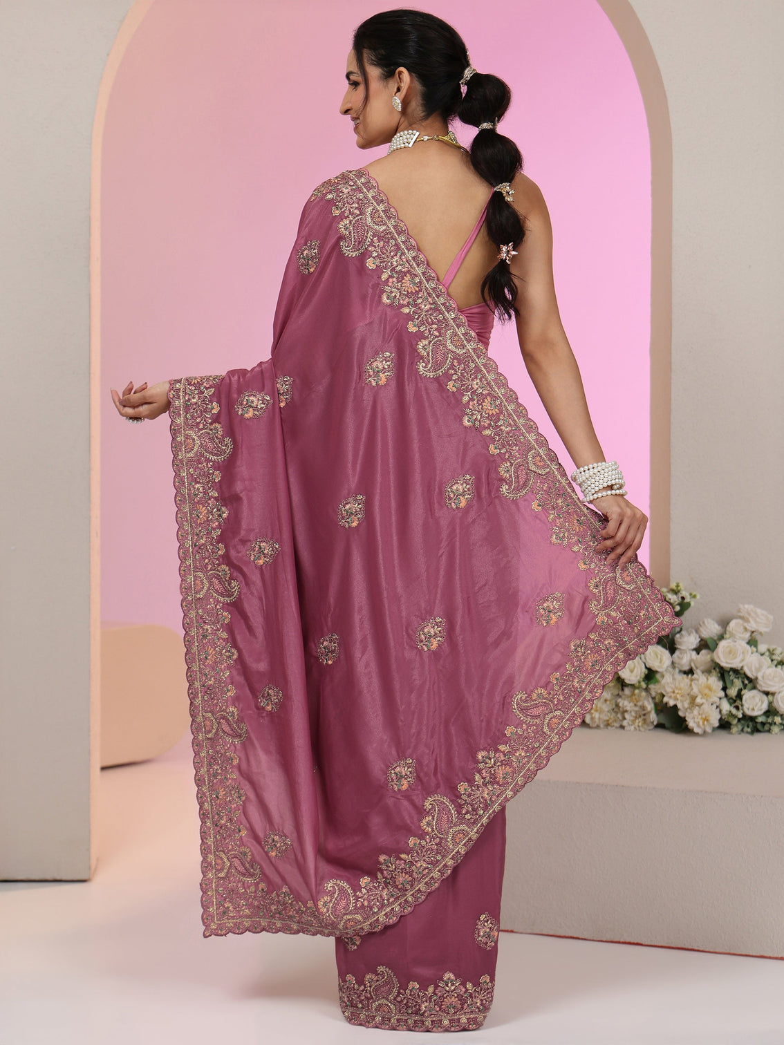 Mameraa Mauve Embroidered Satin Saree