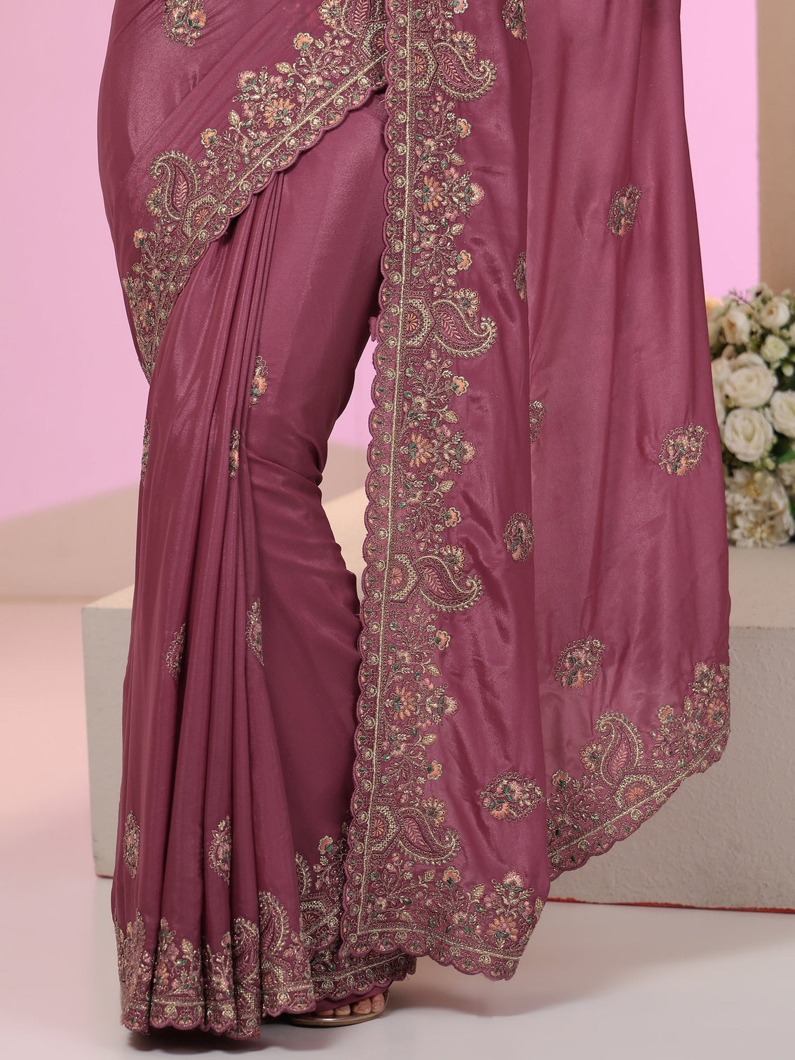 Mameraa Mauve Embroidered Satin Saree