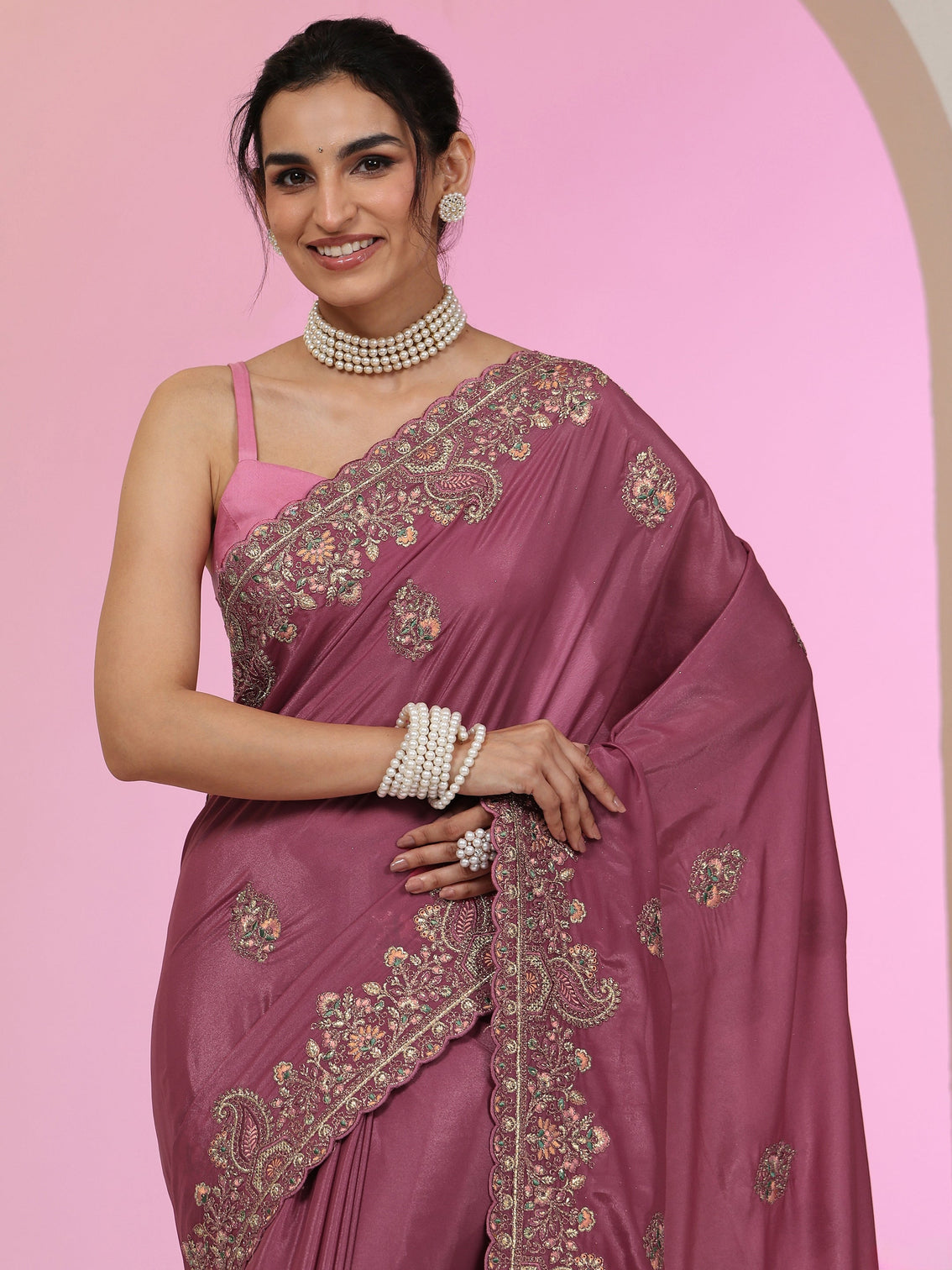 Mameraa Mauve Embroidered Satin Saree