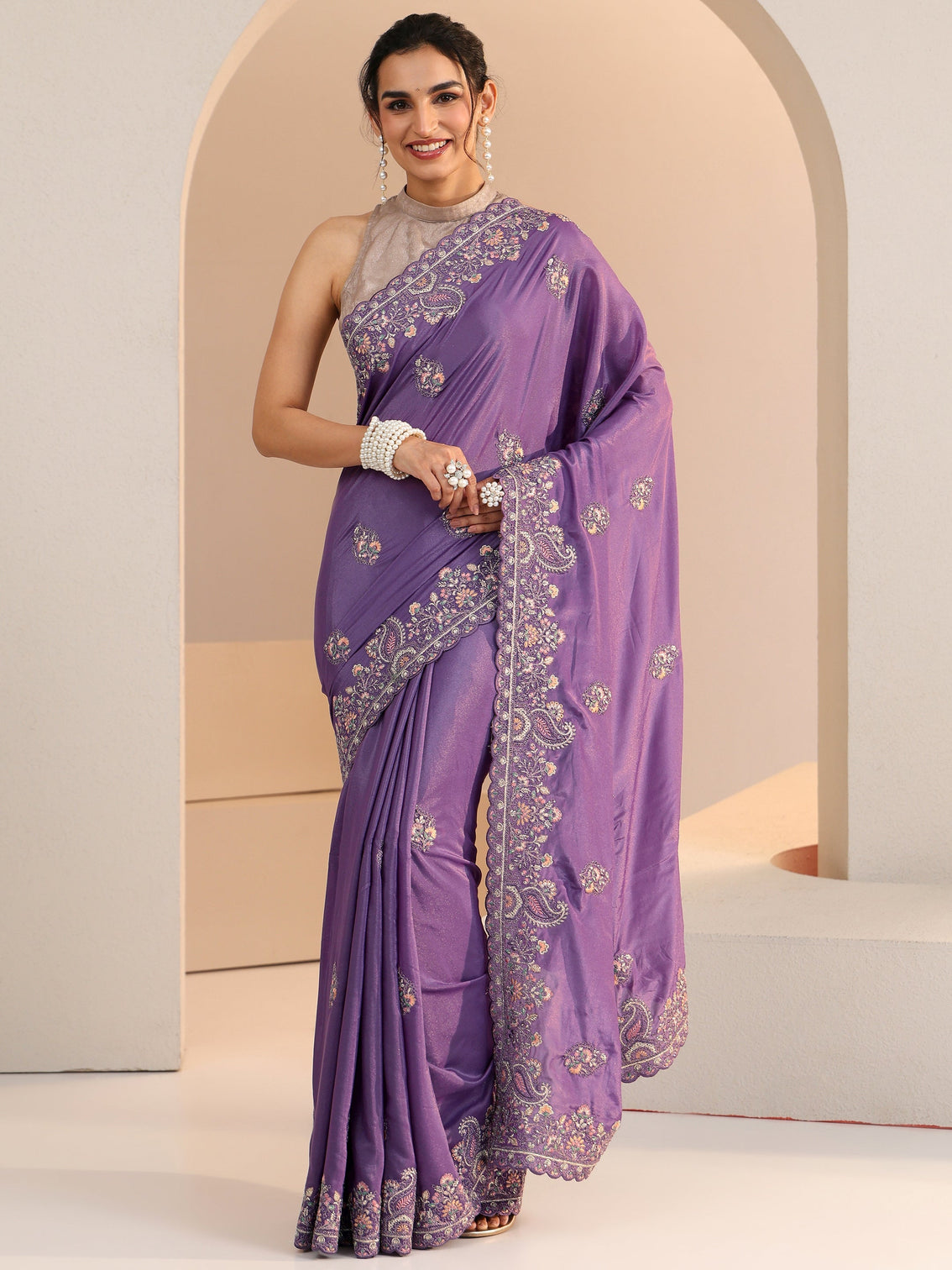 Mameraa Purple Embroidered Satin Saree