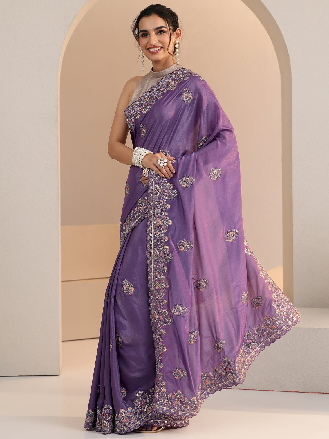 Mameraa Purple Embroidered Satin Saree