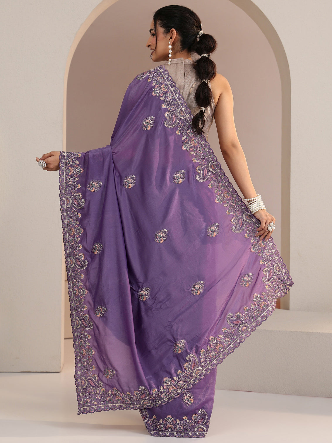 Mameraa Purple Embroidered Satin Saree