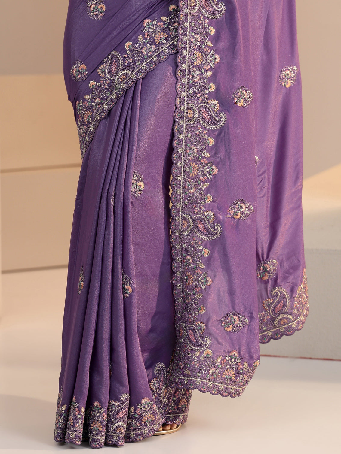 Mameraa Purple Embroidered Satin Saree