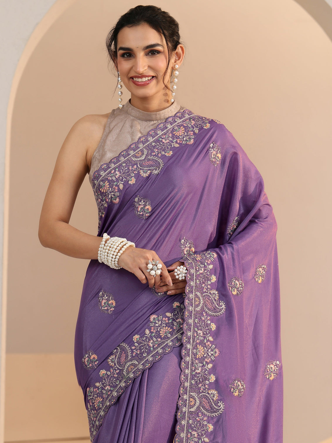 Mameraa Purple Embroidered Satin Saree