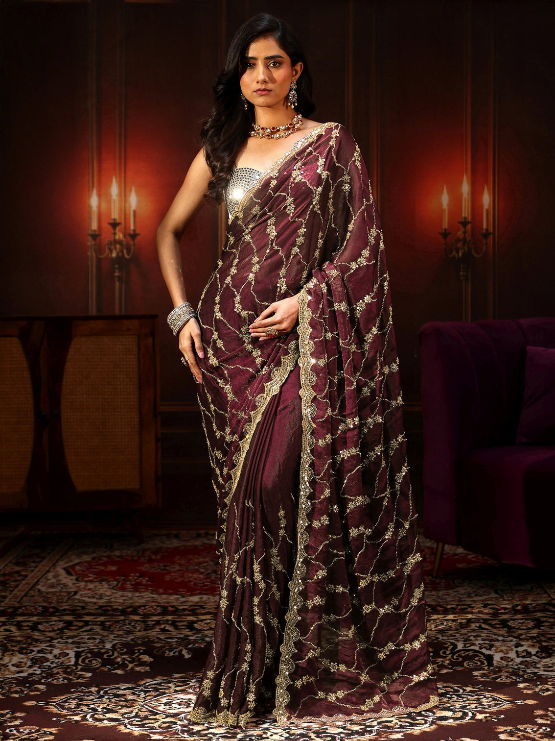 Mameraa Art Maroon Embellished Tissue Saree