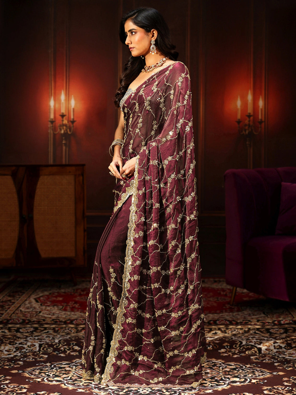 Mameraa Art Maroon Embellished Tissue Saree