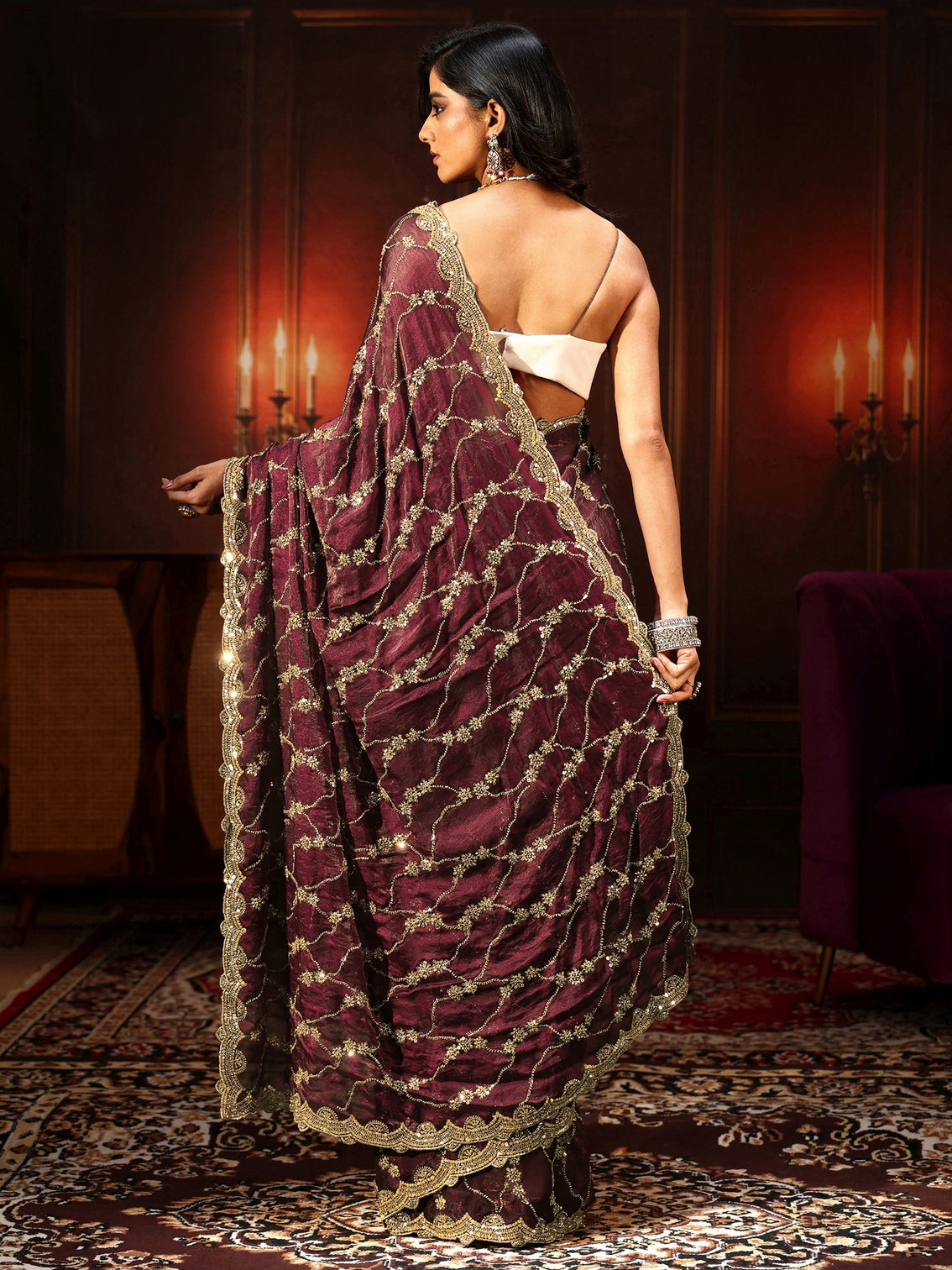Mameraa Art Maroon Embellished Tissue Saree