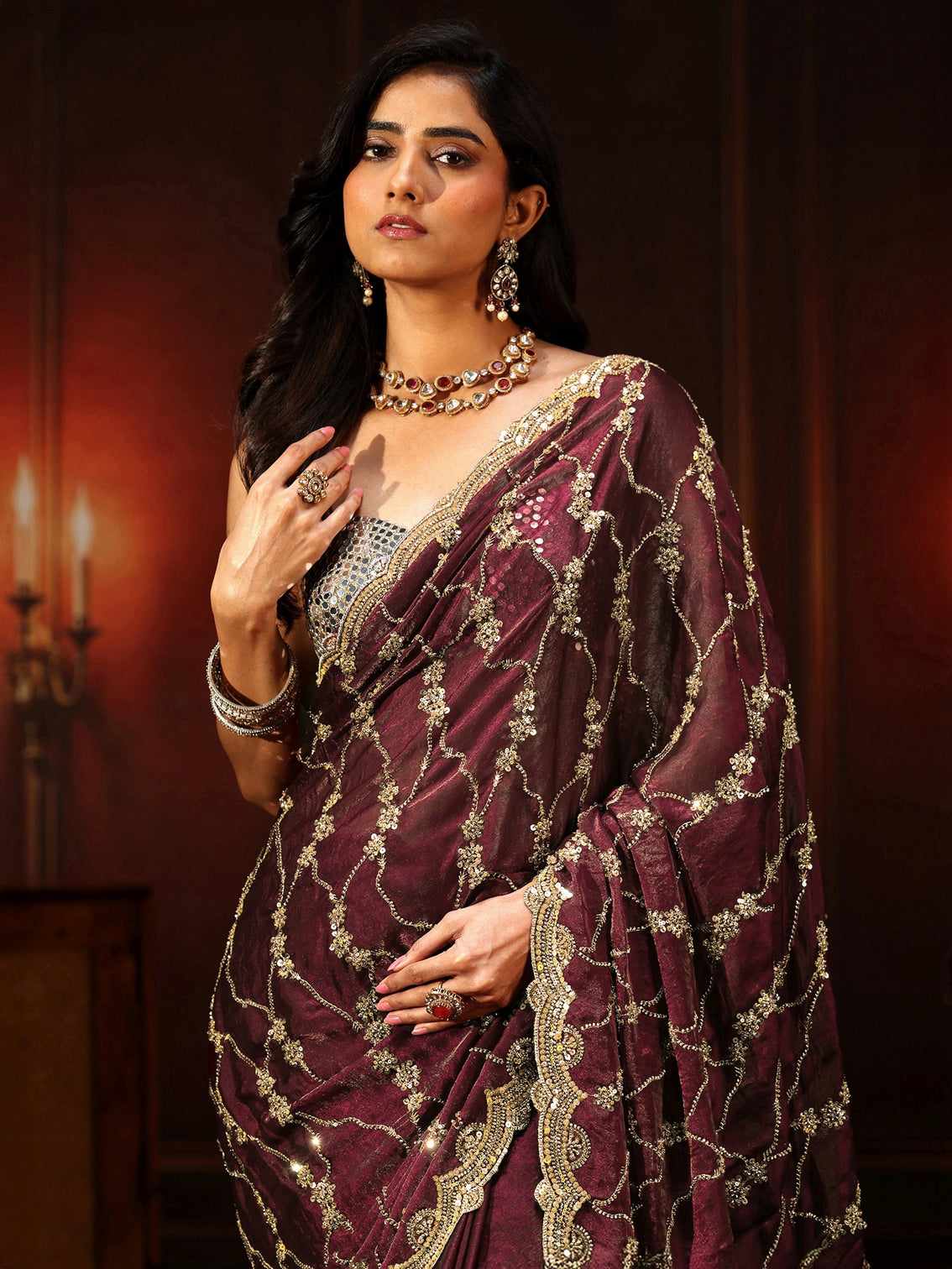 Mameraa Art Maroon Embellished Tissue Saree