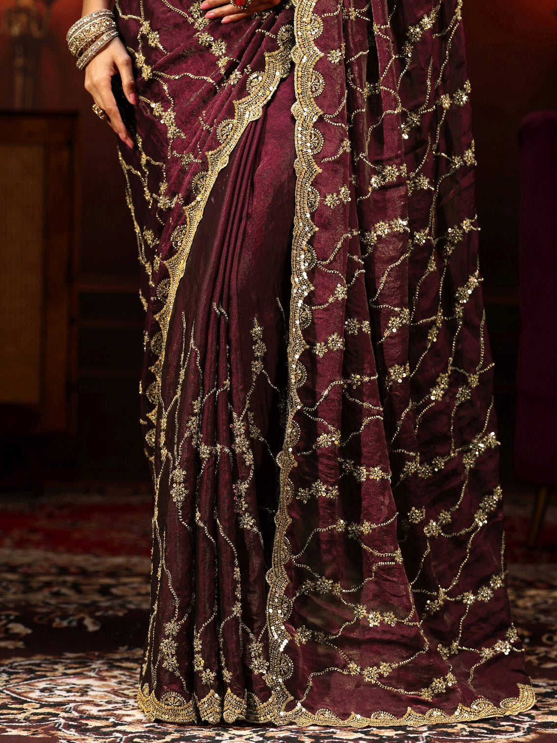 Mameraa Art Maroon Embellished Tissue Saree