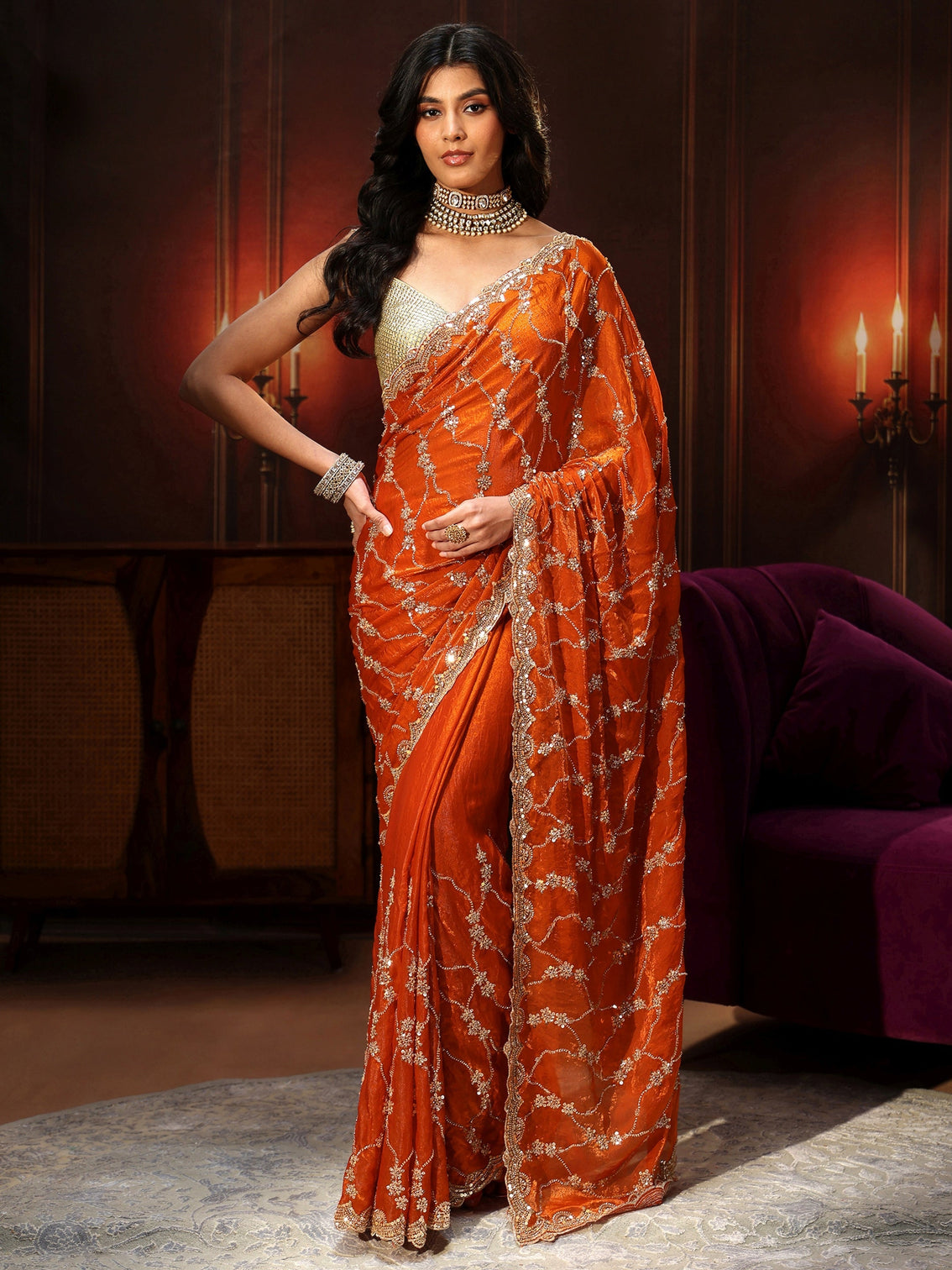 Mameraa Art Orange Embellished Tissue Saree
