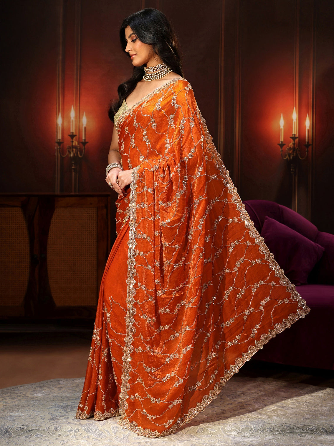 Mameraa Art Orange Embellished Tissue Saree