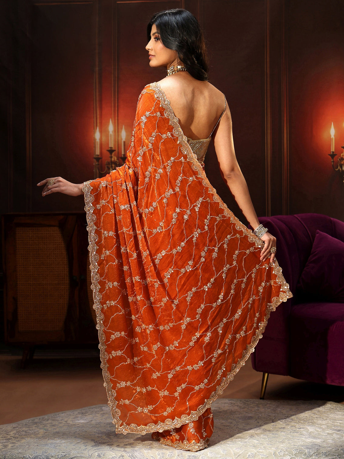 Mameraa Art Orange Embellished Tissue Saree