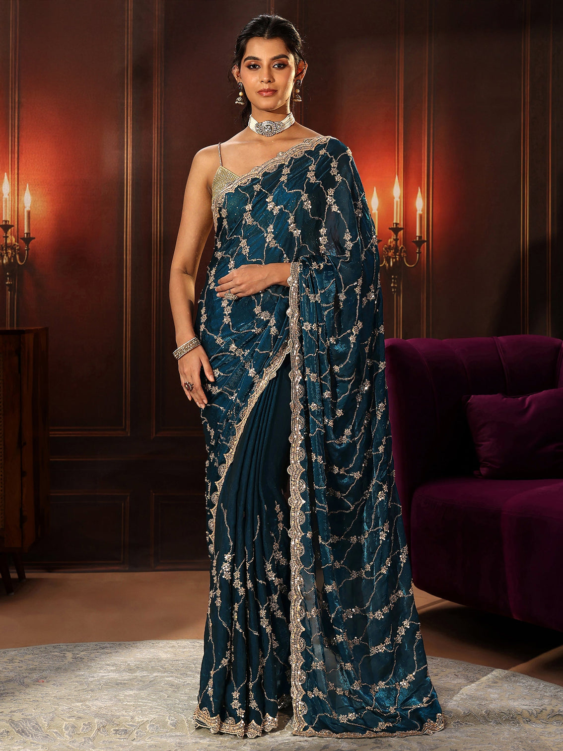 Mameraa Art Teal Blue Embellished Tissue Saree