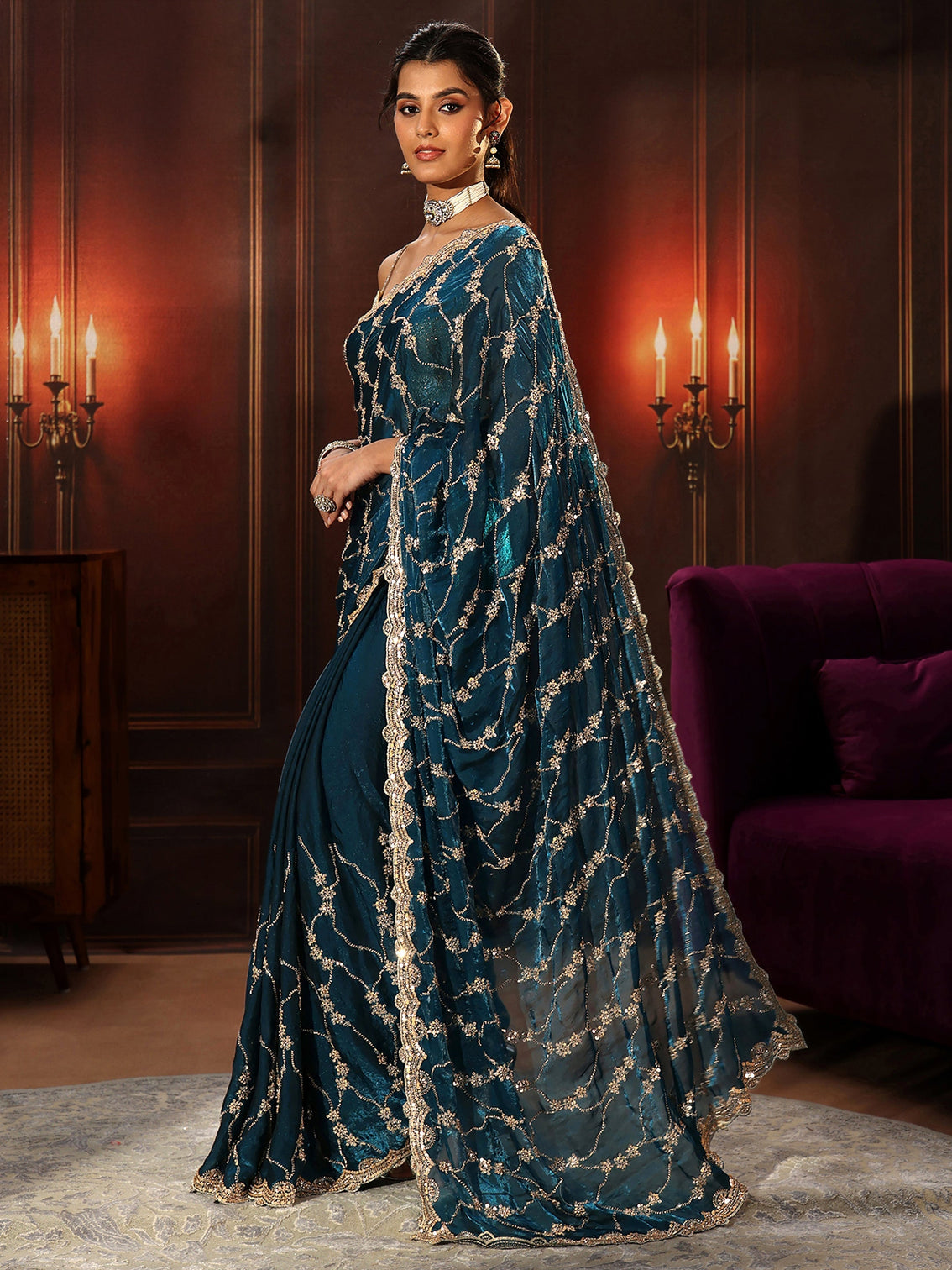 Mameraa Art Teal Blue Embellished Tissue Saree