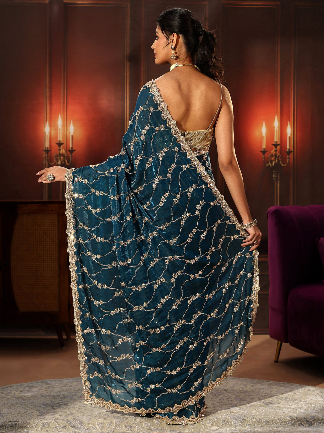 Mameraa Art Teal Blue Embellished Tissue Saree