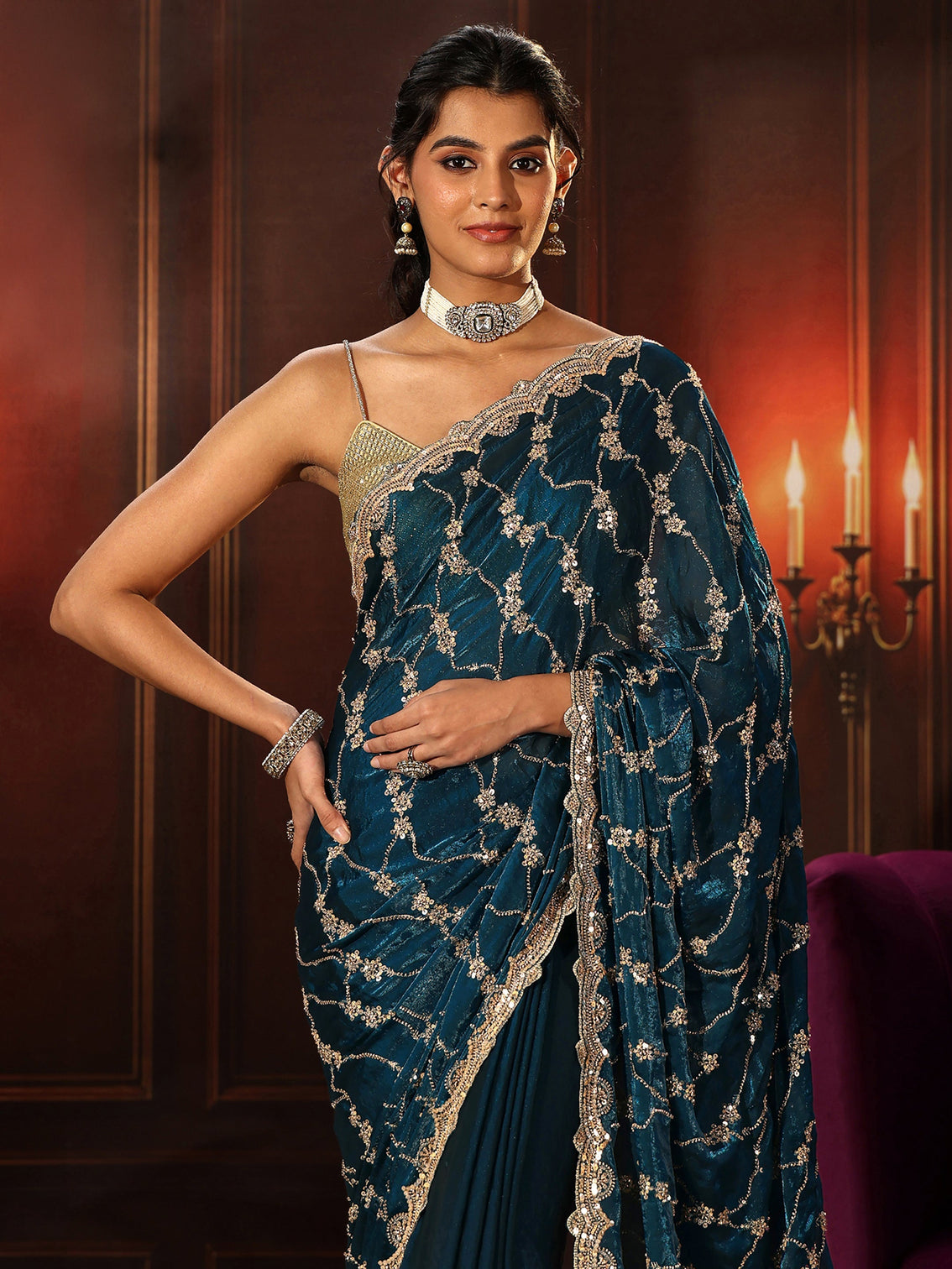 Mameraa Art Teal Blue Embellished Tissue Saree