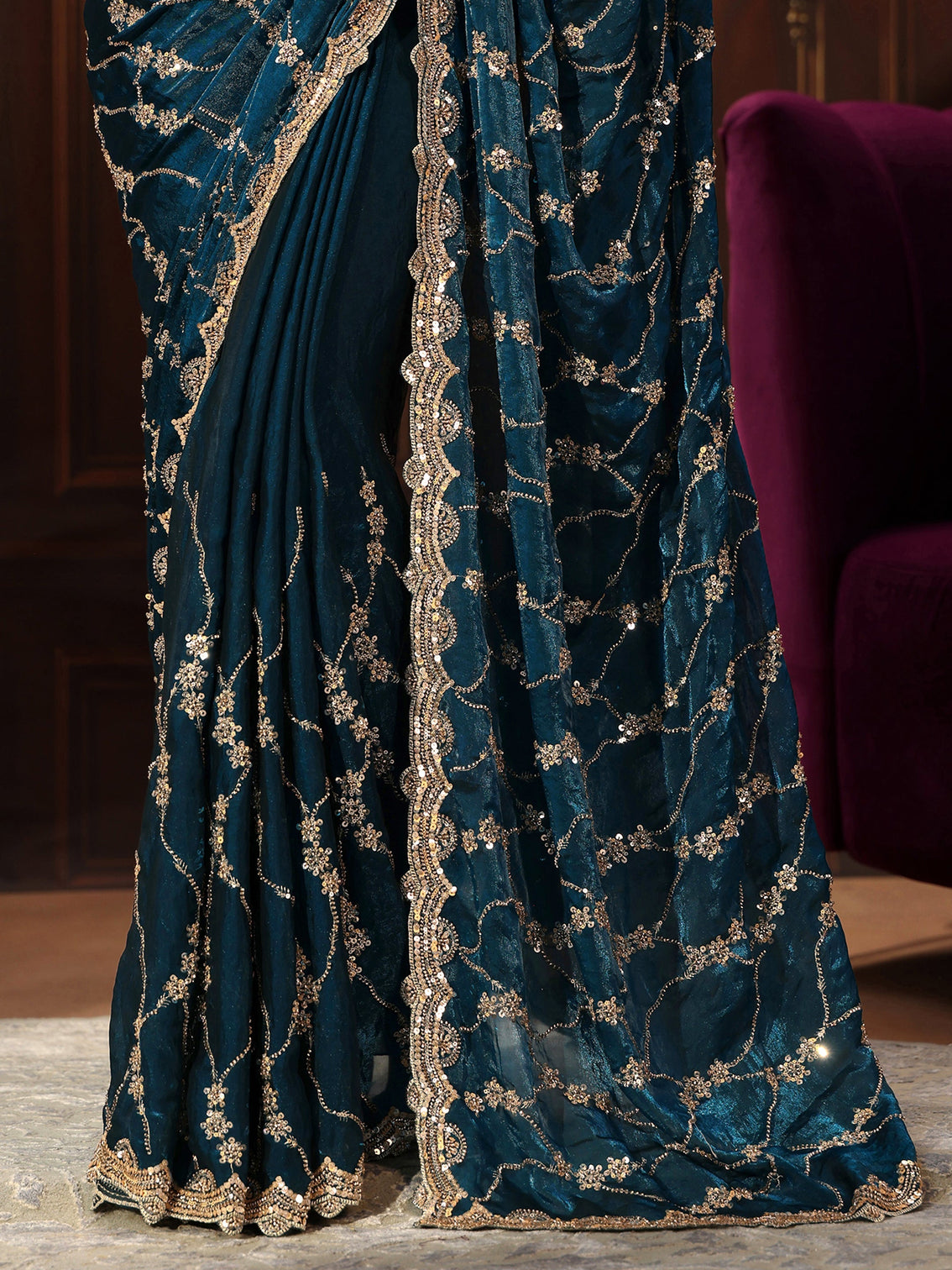 Mameraa Art Teal Blue Embellished Tissue Saree