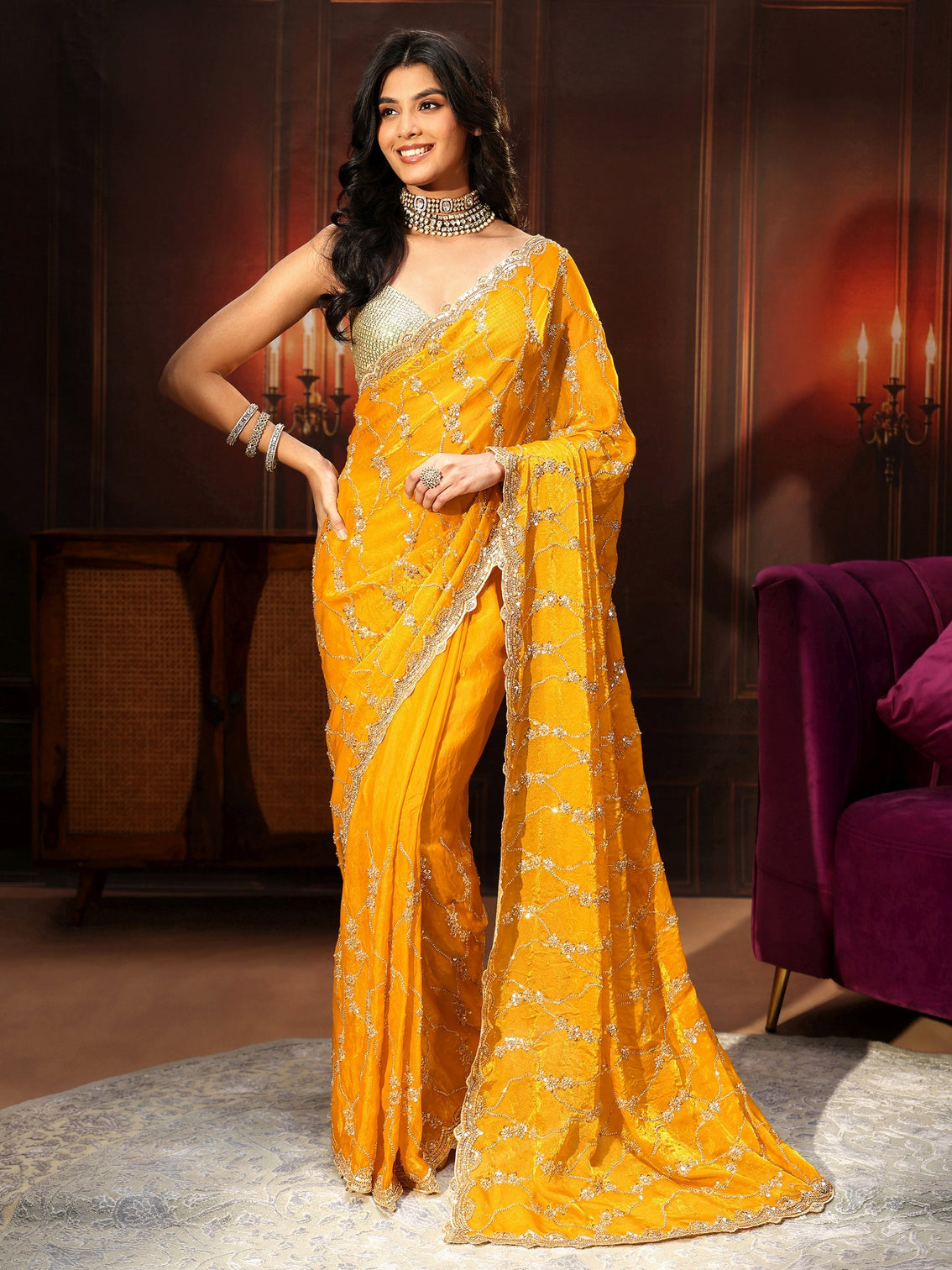 Mameraa Art Mustard Embellished Tissue Saree