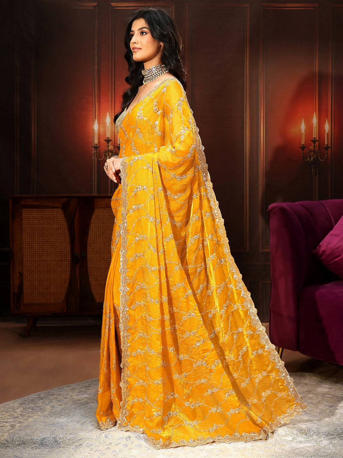 Mameraa Art Mustard Embellished Tissue Saree