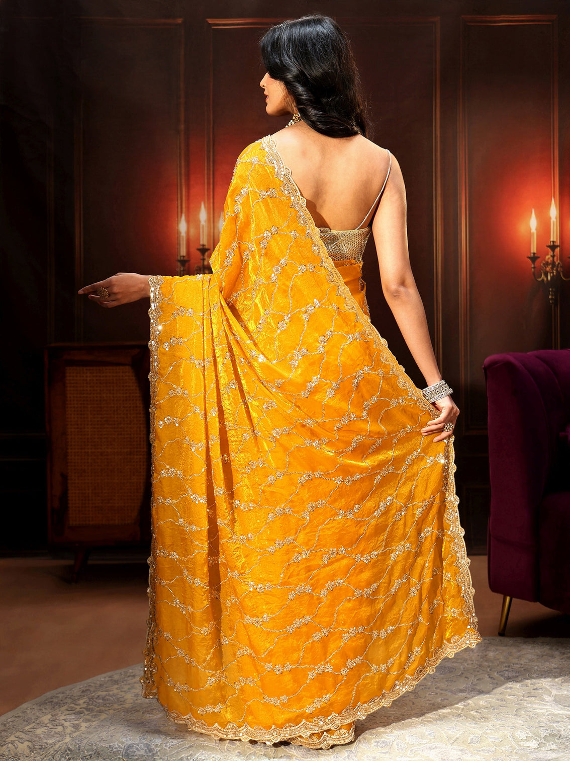 Mameraa Art Mustard Embellished Tissue Saree
