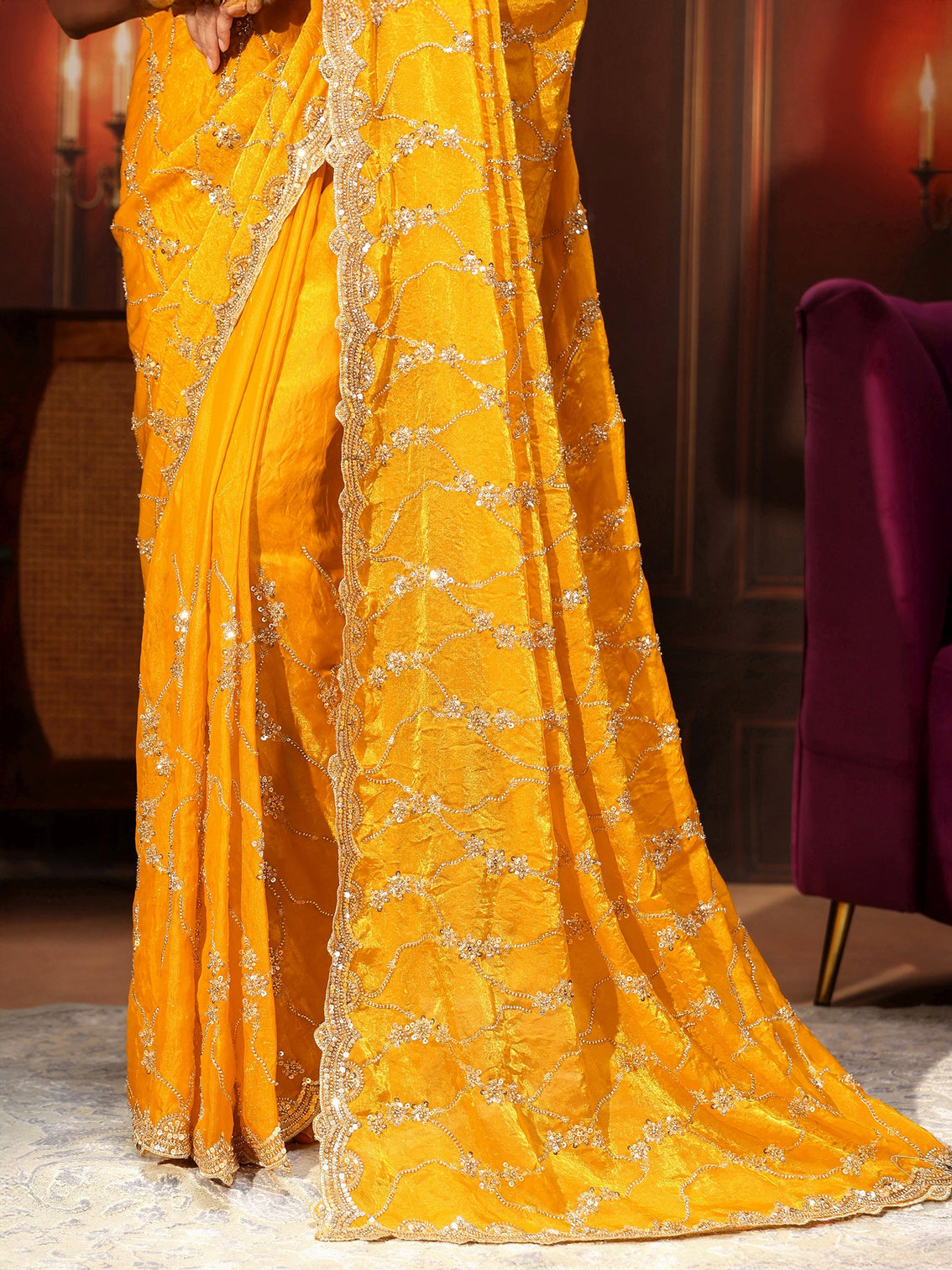 Mameraa Art Mustard Embellished Tissue Saree