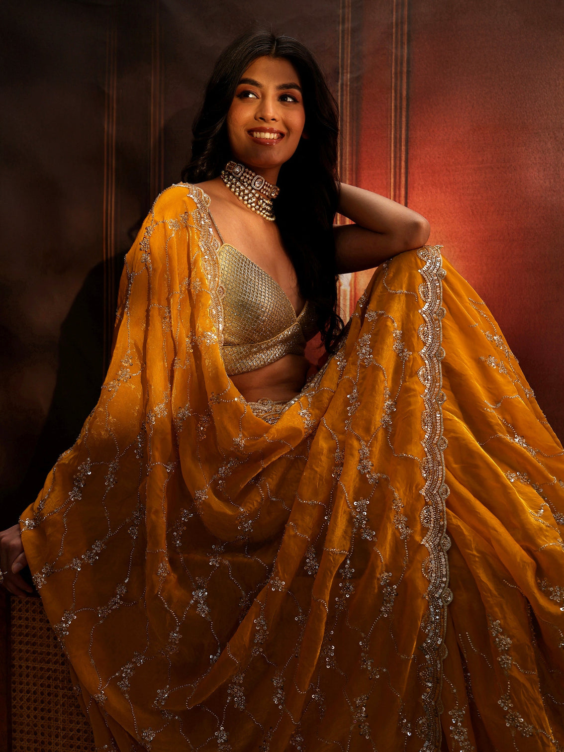 Mameraa Art Mustard Embellished Tissue Saree