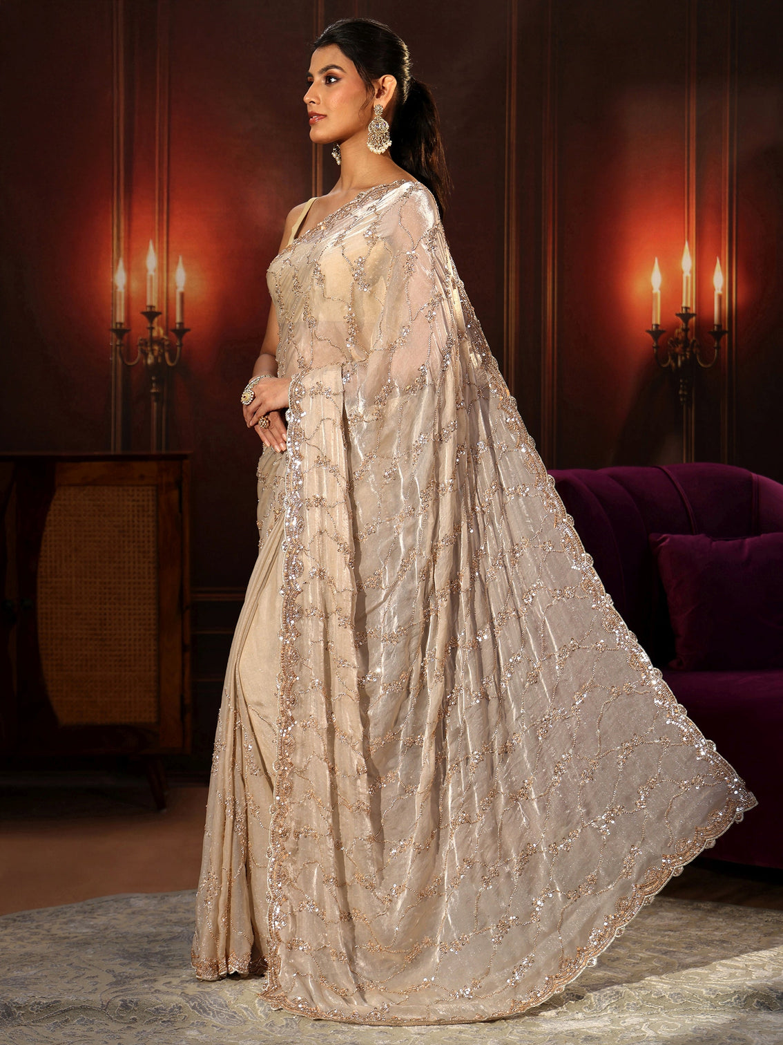 Mameraa Art Cream Embellished Tissue Saree