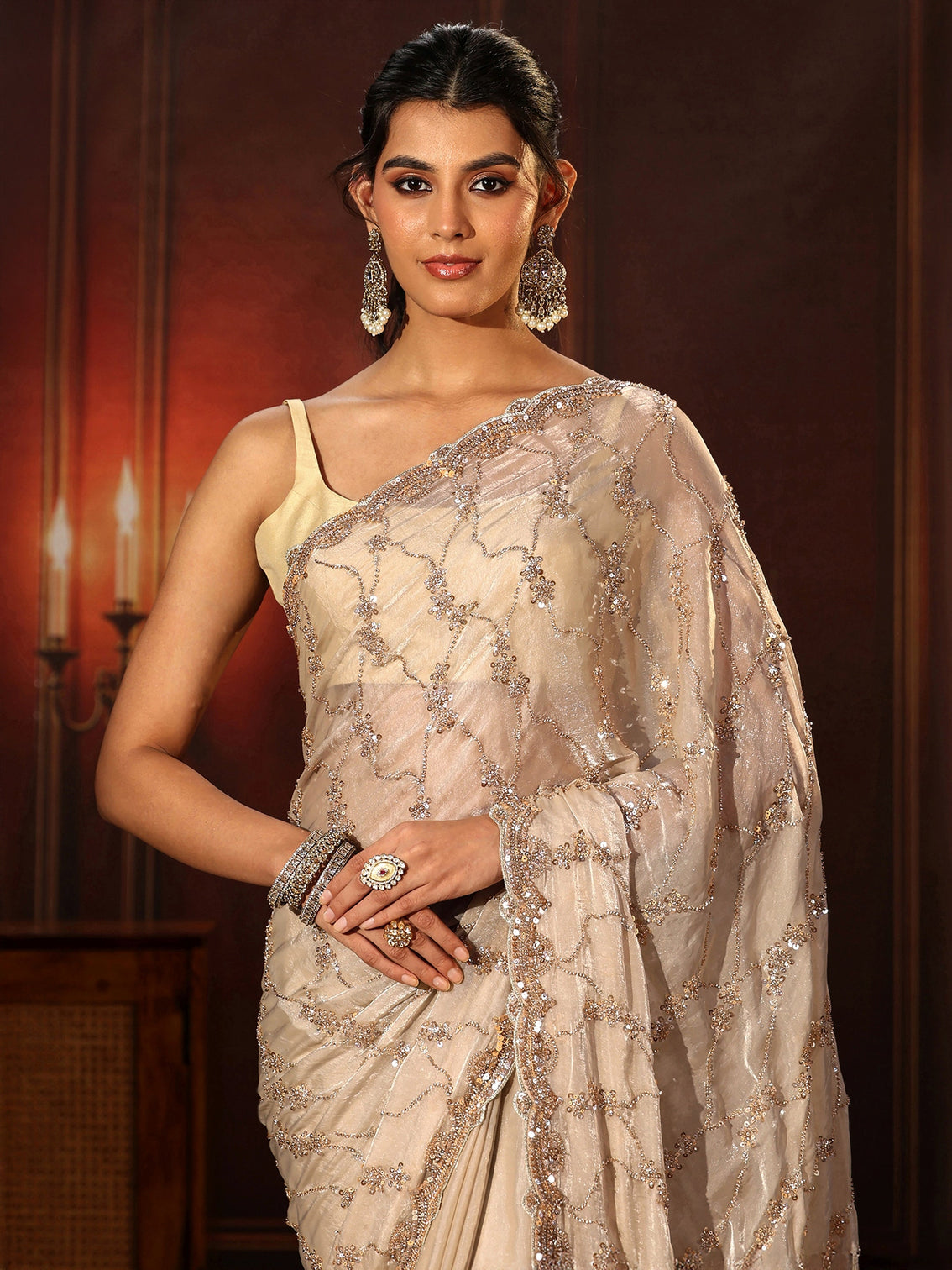 Mameraa Art Cream Embellished Tissue Saree