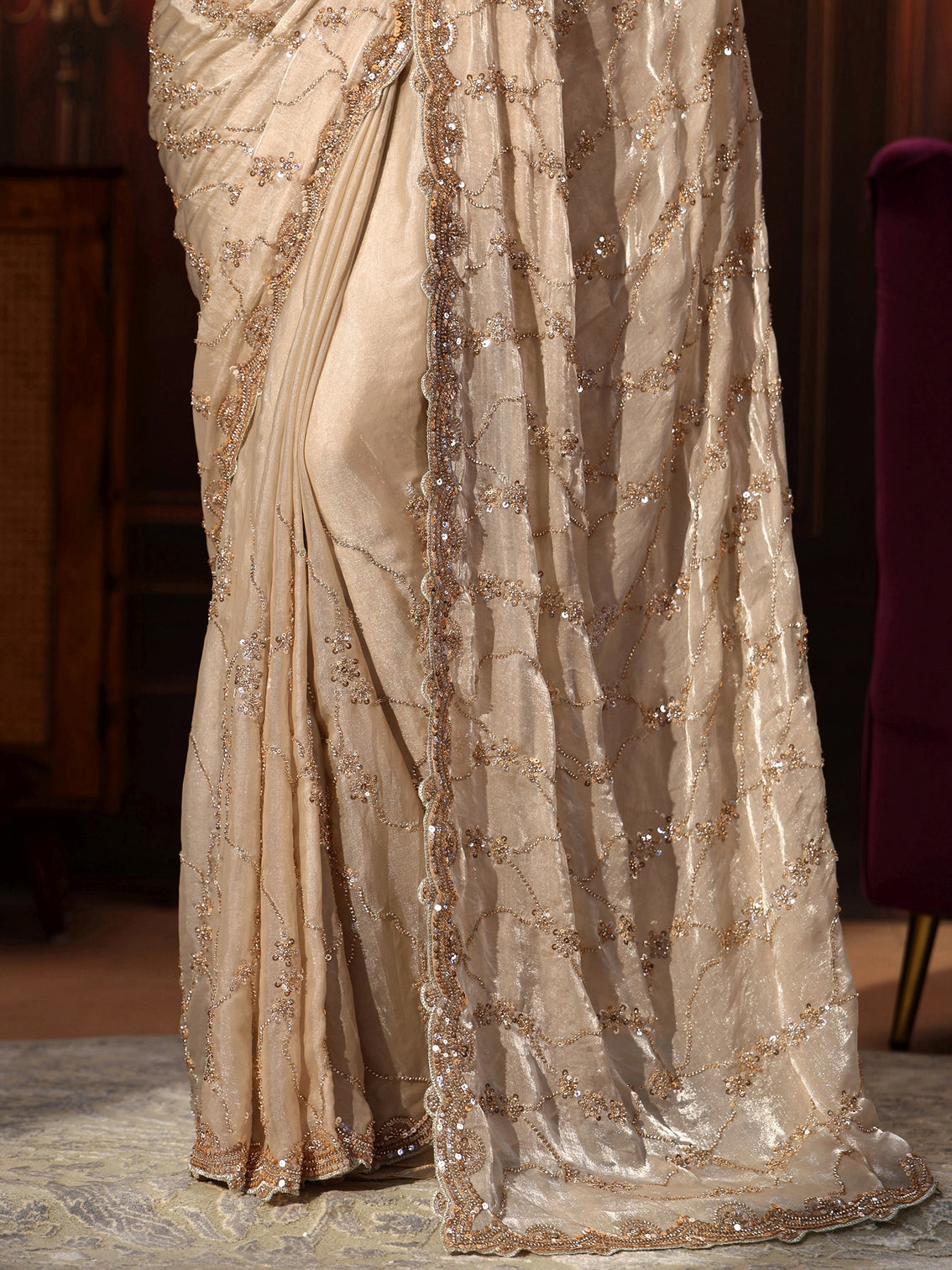 Mameraa Art Cream Embellished Tissue Saree