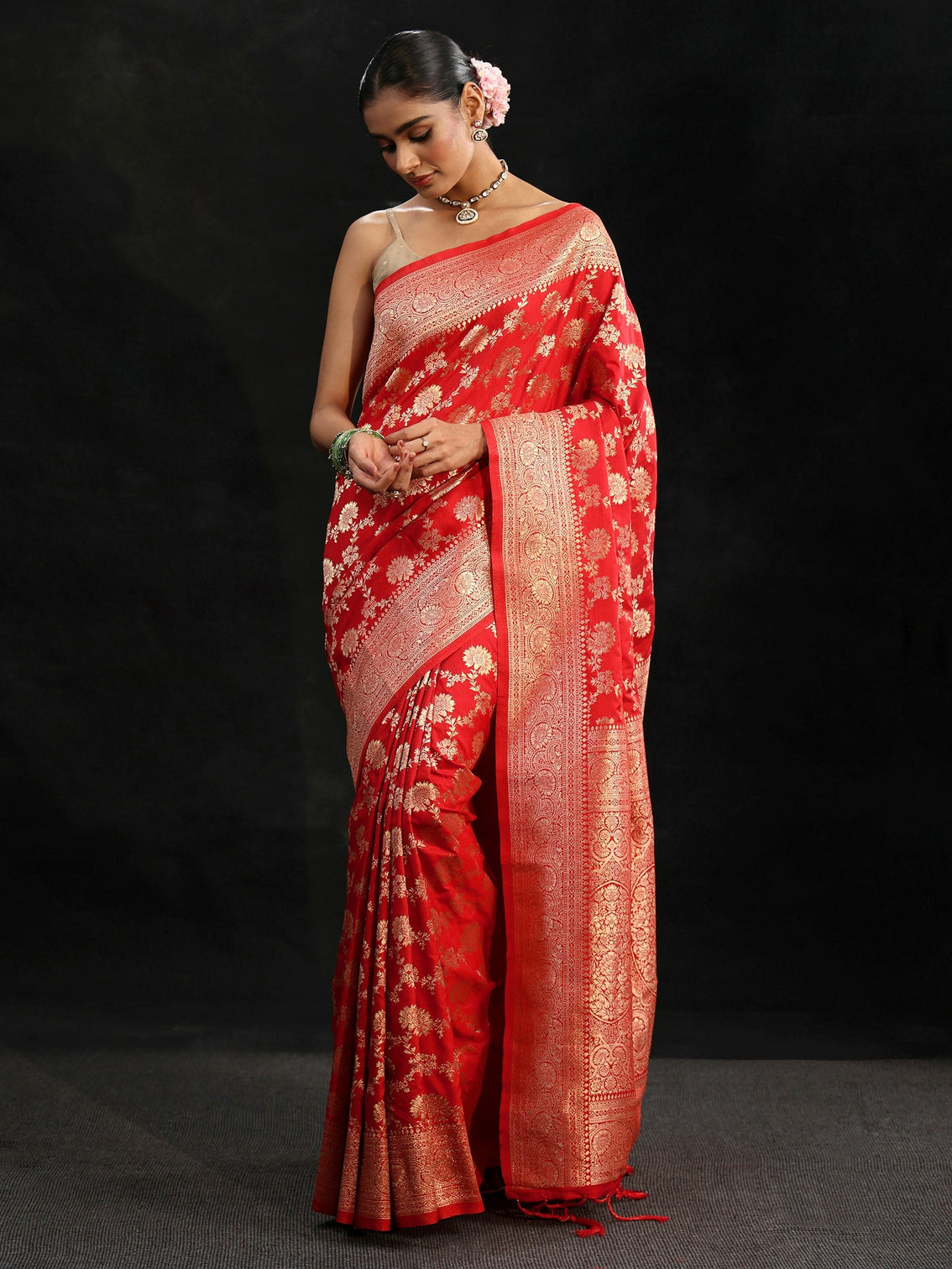 Mameraa Vermilion Red Banarasi Silk Blend Saree