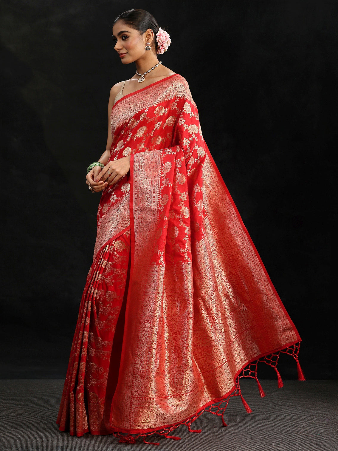 Mameraa Vermilion Red Banarasi Silk Blend Saree