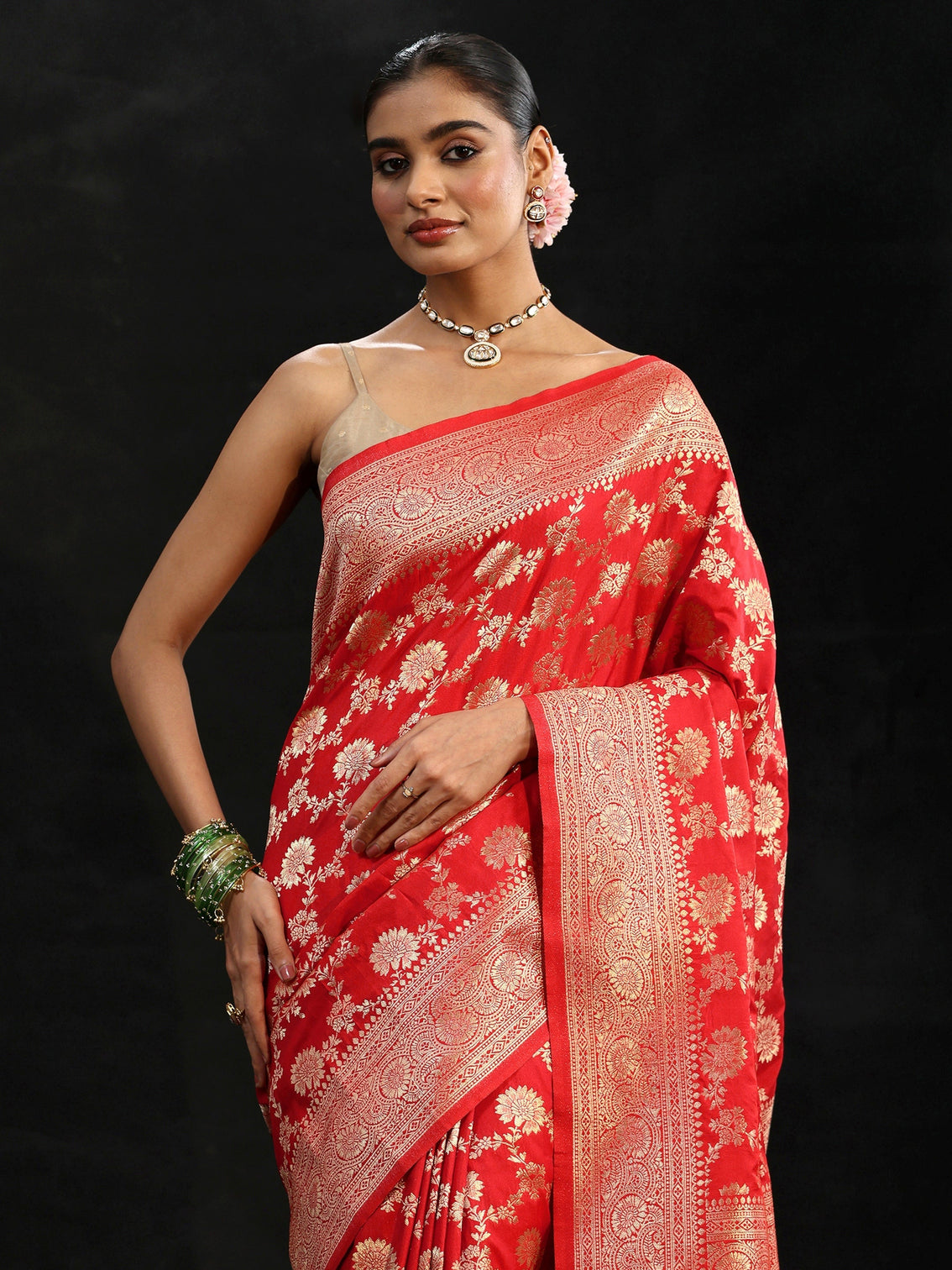 Mameraa Vermilion Red Banarasi Silk Blend Saree