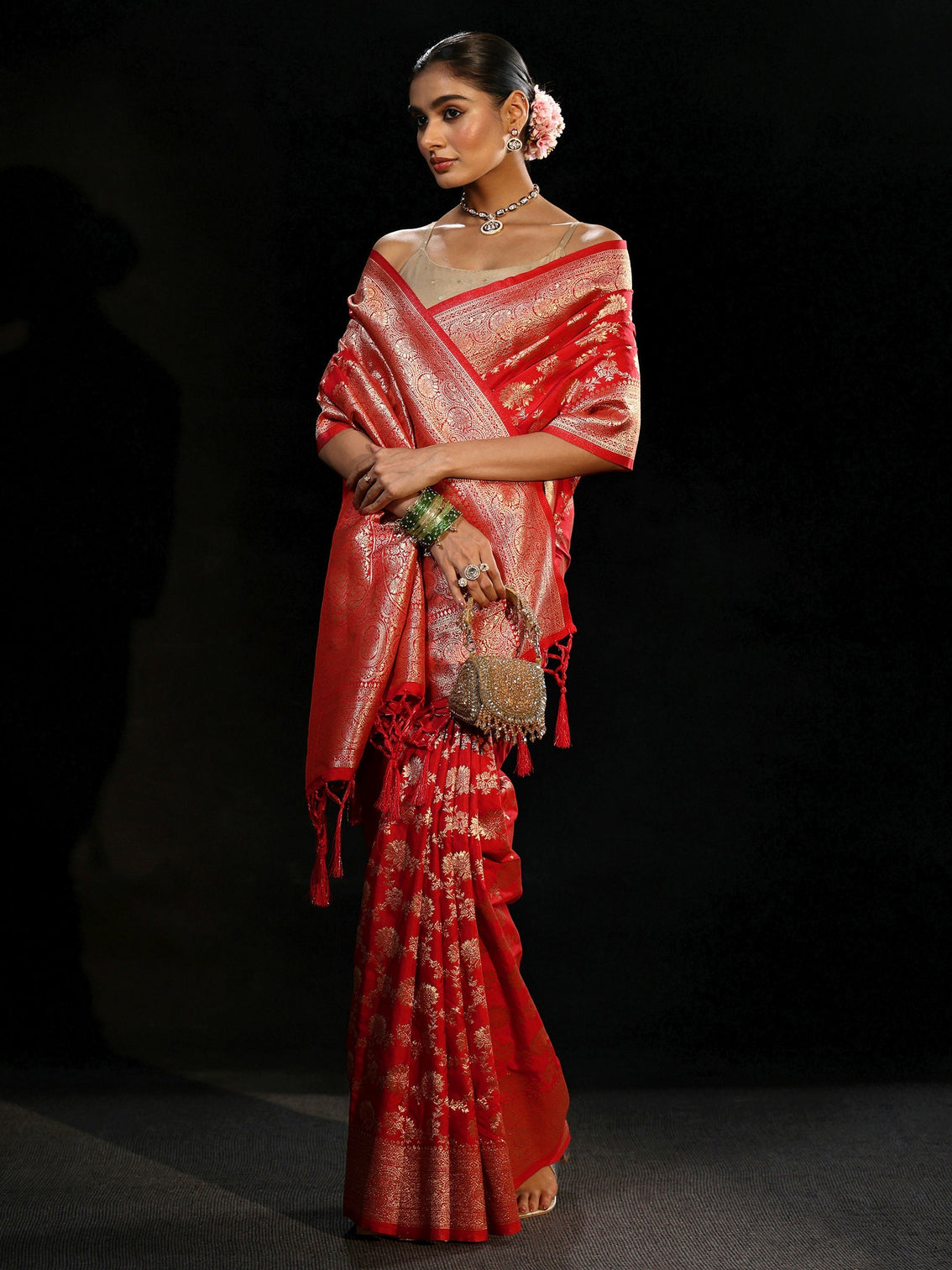 Mameraa Vermilion Red Banarasi Silk Blend Saree