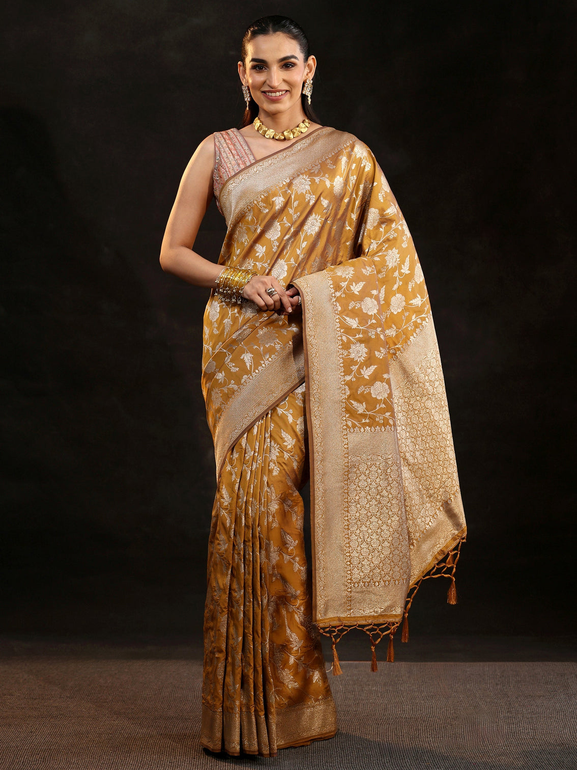Mameraa Mustard Banarasi Silk Blend Saree