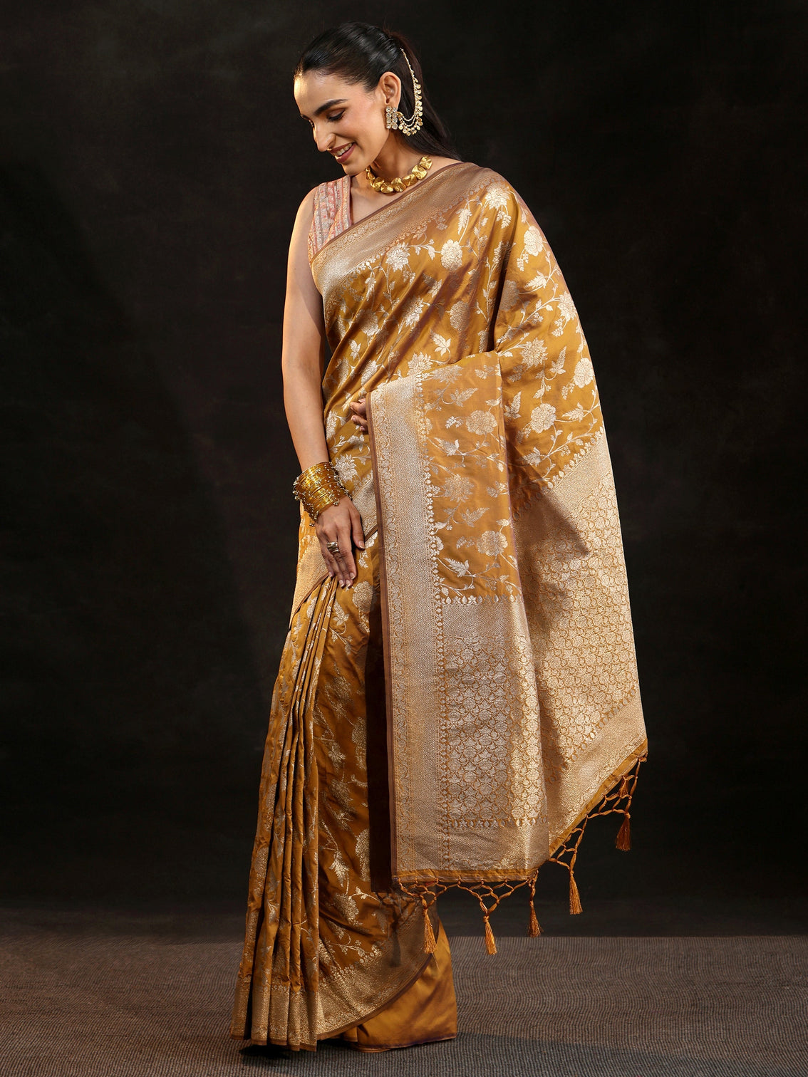 Mameraa Mustard Banarasi Silk Blend Saree