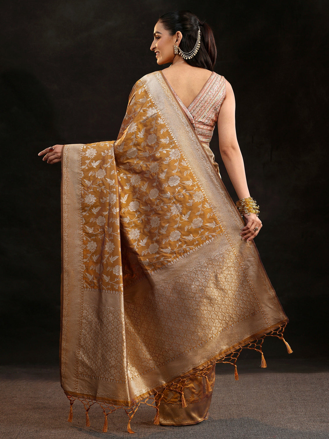 Mameraa Mustard Banarasi Silk Blend Saree
