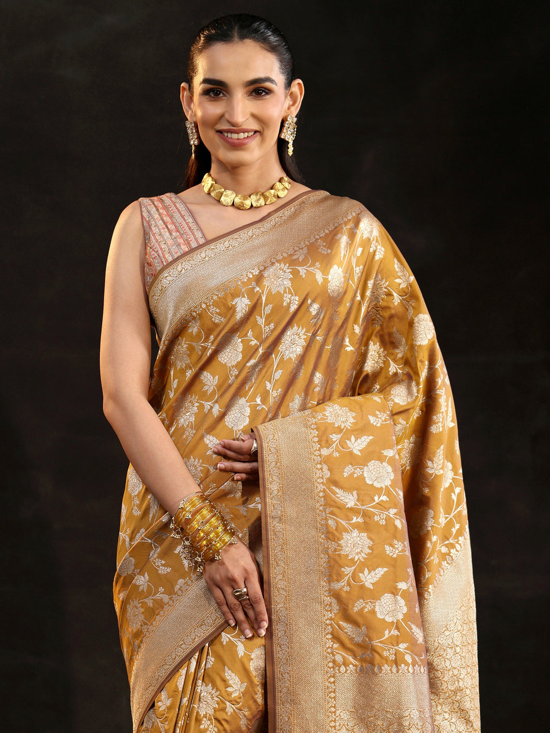 Mameraa Mustard Banarasi Silk Blend Saree