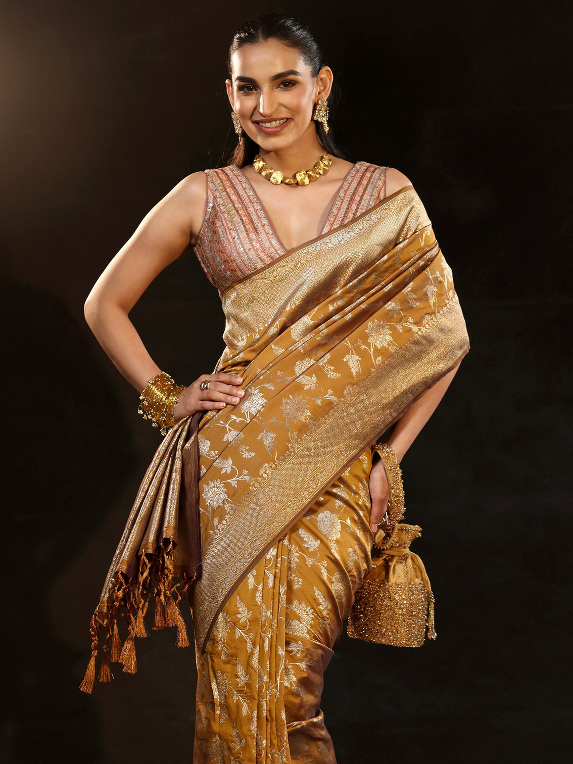 Mameraa Mustard Banarasi Silk Blend Saree