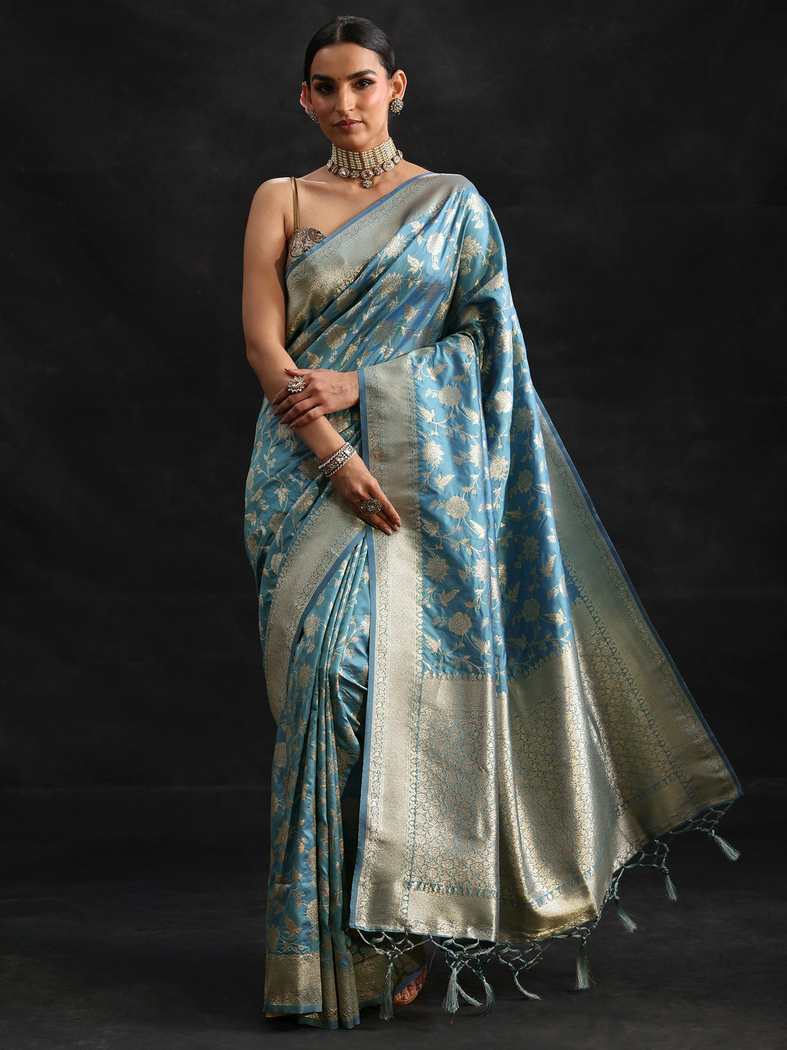 Mameraa Dusty Sky Blue Banarasi Silk Blend Saree