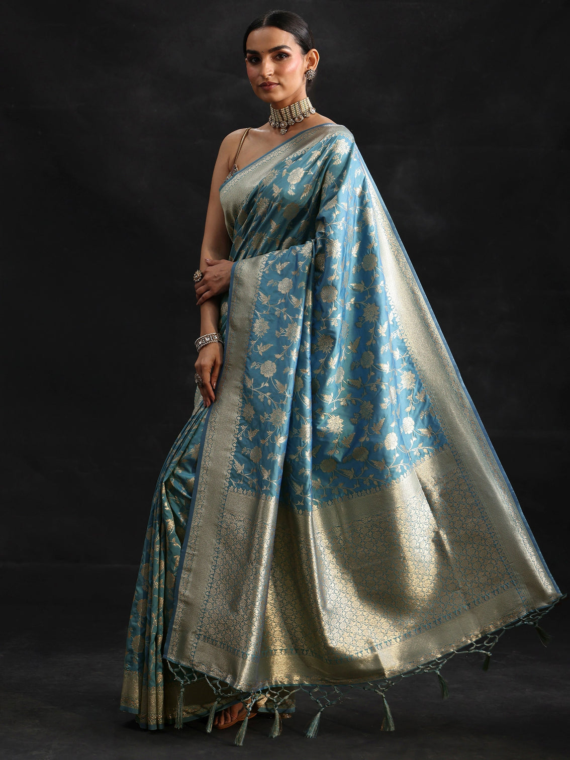 Mameraa Dusty Sky Blue Banarasi Silk Blend Saree