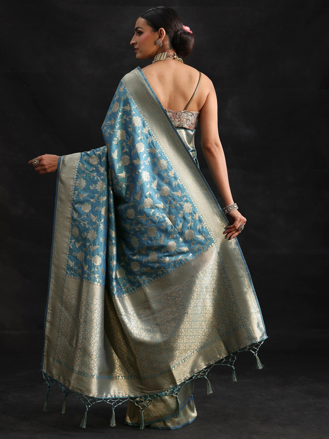Mameraa Dusty Sky Blue Banarasi Silk Blend Saree