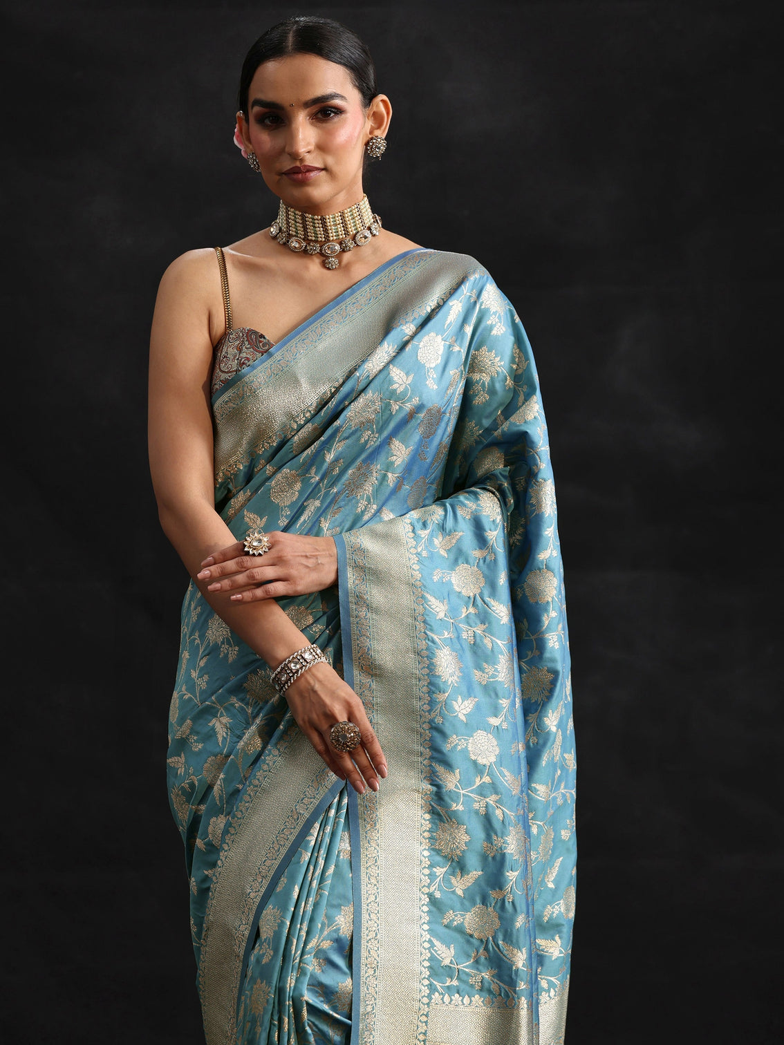 Mameraa Dusty Sky Blue Banarasi Silk Blend Saree